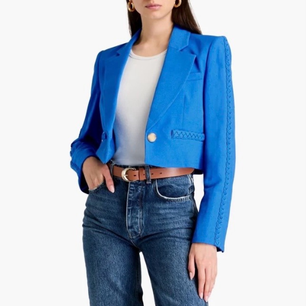 $598 NWOT Veronica Beard Behren Cropped Woven Blazer Jacket in Azure Blue Sz 6